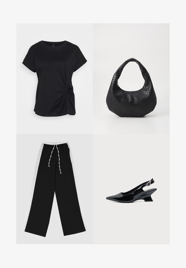 Camiseta negra de algodón, con escote redondo, mangas cortas y un detalle torcido en el lado izquierdo. Textura suave.; Pantalones de pierna ancha negros con una franja lateral blanca, cinturilla elástica y cordón. Fabricados con una tela suave y lisa para mayor comodidad.; Zapato slingback de cuero charol negro con puntera puntiaguda y tacón bajo en bloque inclinado sobre fondo claro liso.; Bolso de mano tejido en negro con un asa curvada, que presenta una superficie texturizada y una forma holgada. Acabado suave con una silueta orgánica.