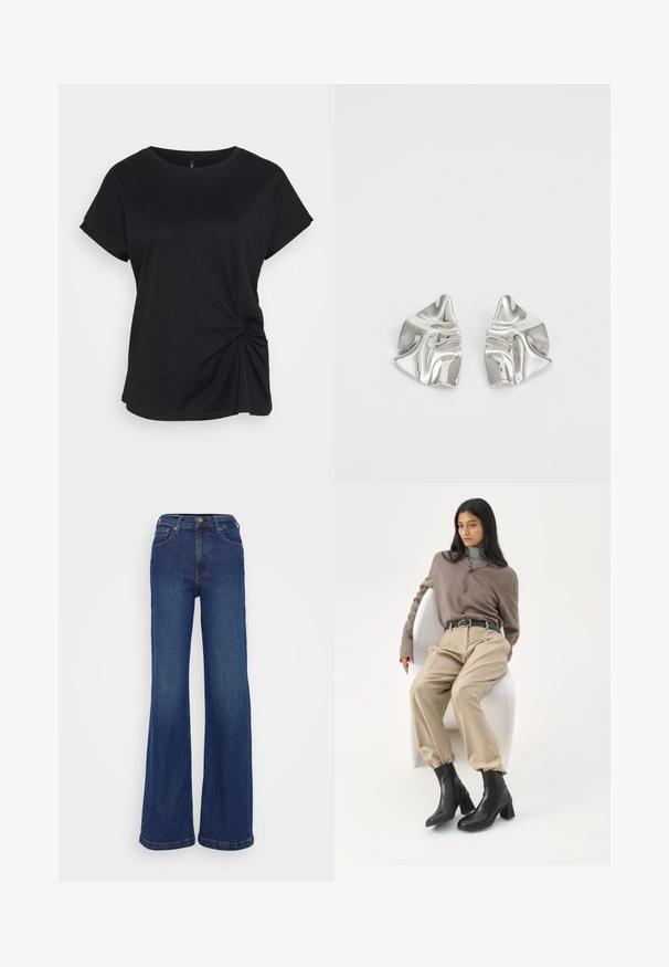 Zwarte t-shirt van katoen, met een ronde halslijn, korte mouwen en een gedraaide detail aan de linkerkant. Gladde textuur.; Wijd-uitlopende jeans gemaakt van donkerblauwe denim. Heeft een hoge taille, vijf-pocket ontwerp en subtiele stiksels op de naden.; Vrouw met lang zwart haar die leunt op een witte gebogen stoel, gekleed in een taupekleurige blouse, beige broek, zwarte riem en zwarte enkellaarzen met hak.; Zilveren metalen oorbellen met een golvend, sculpturaal ontwerp, voorzien van een gepolijste afwerking en onregelmatige vormen, die een hedendaagse esthetiek benadrukken.