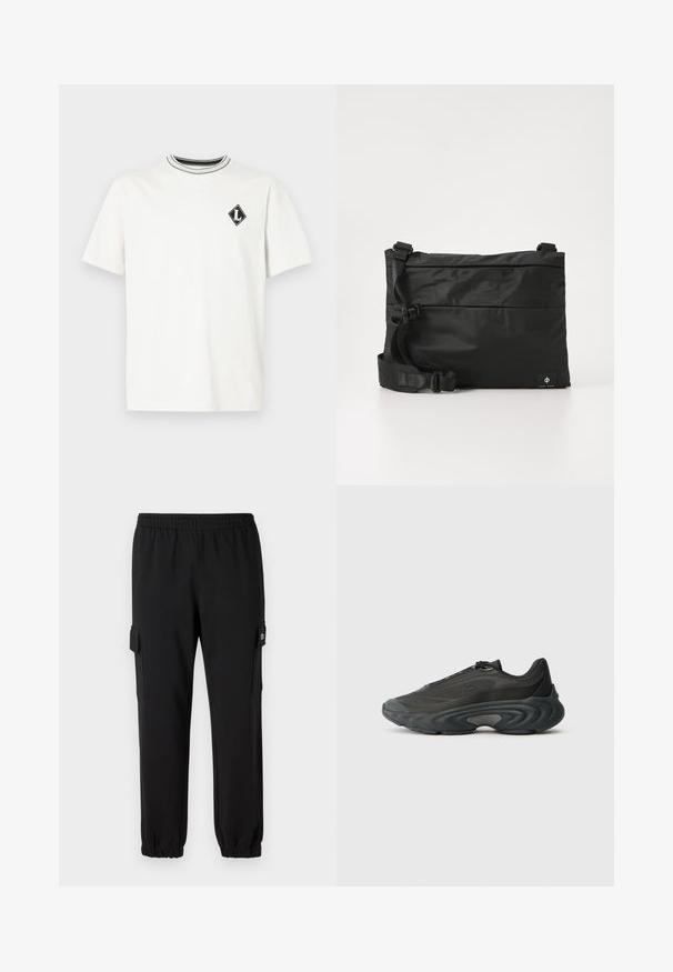 Hvid bomulds T-shirt med korte ærmer, med en sort-hvid stribet rundhals og et lille sort diamantlogo på brystet.; Sorte sweatpants med elastisk talje, indsnævrede manchetter og sidelommer. Fremstillet af blødt materiale med en glat tekstur.; Sort sportssko med mesh- og syntetisk overdel, slankt design, tykk buet sål og teksturerede detaljer på siderne og tåen.; Sort nylon messenger-taske med justerbar rem, fladt design og et sideetiket med et logo. Glat tekstur og minimalistisk stil.
