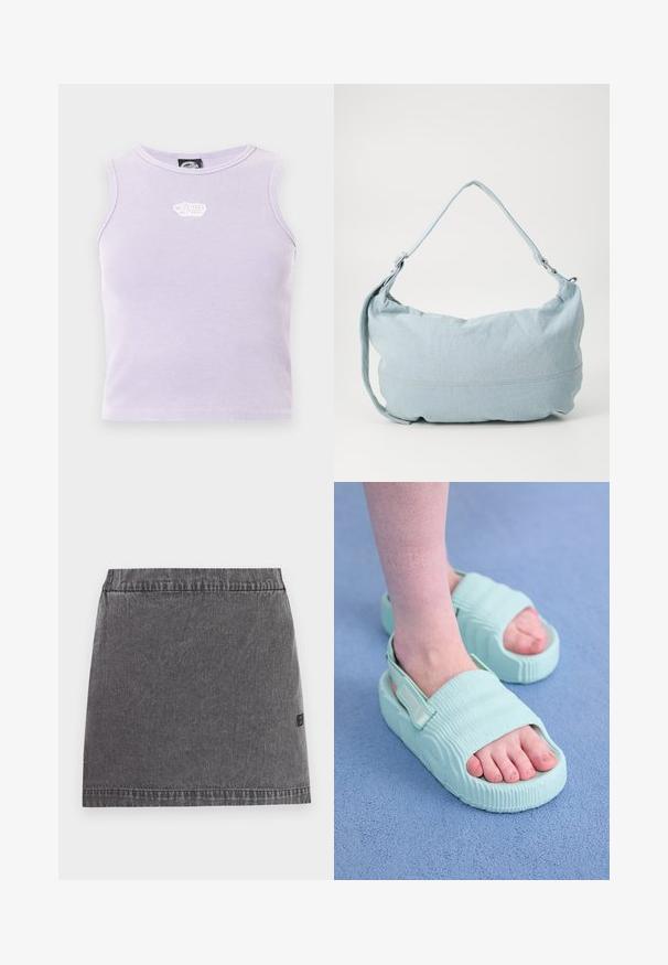 Vaaleanvioletti ribbikangasinen hihaton crop-top, jossa pieni valkoinen kirjailtu logo keskellä, lähellä pääntietä.; Tummanharmaa denimminihame suoralla leikkauksella, joustavalla vyötärönauhalla ja hillityillä tikkausyksityiskohdilla yksivärisellä taustalla.; Vaaleansiniset sandaalit, joissa on uurteinen pinta, avointo ja säädettävä hihna, sekä paksu pohja, näyttäen sileältä ja joustavalta materiaalilta.; Vaaleansininen farkkukangasta olkalaukku, jolla on pyöreä muoto, säädettävä hihna ja hienovarainen ommel yläreunan ympärillä. Pehmeä tekstuuri.