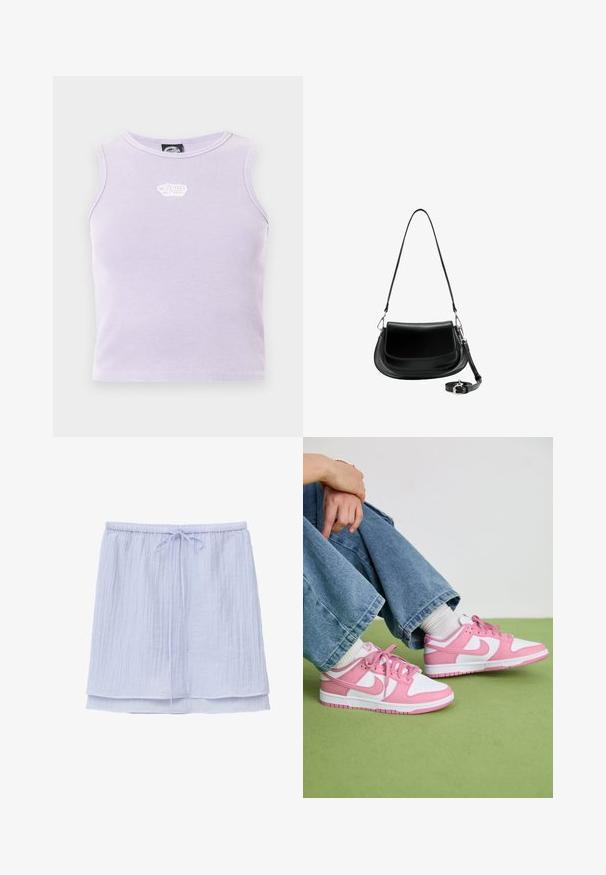 Lyse lilla ribbet ærmeløs cropped top med en lille hvid broderet logo midt ved halsudskæringen.; Lyseblå nederdel til knæet med elastisk taljebånd og frontsløjfe, med lagdelt, tekstureret stofdesign.; Rosa og hvide Nike sneakers lavet af læder og mesh-materialer, med kontrasterende designs, rund tå og matchende pink snørebånd og detaljer.; Sort læder skuldertaske med klaplukning, aftagelig lang rem snoet ved bunden, og hardware i sølvfarve på en hvid baggrund.
