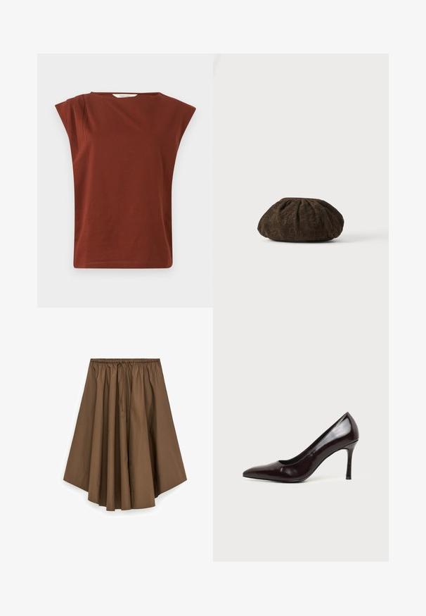 Haut marron rouille sans manches avec larges épaulettes et encolure ronde, fabriqué en tissu doux, présenté sur un fond uni.; Jupe midi marron taille haute avec ourlet large, taille élastique froncée et cordon de serrage, en tissu lisse.; Chaussure à talon haut en cuir noir à bout pointu avec un talon aiguille fin sur un fond clair uni.; Béret en tissu marron texturé avec un motif subtil de dentelle florale, froncé au sommet, reposant sur une surface blanche.