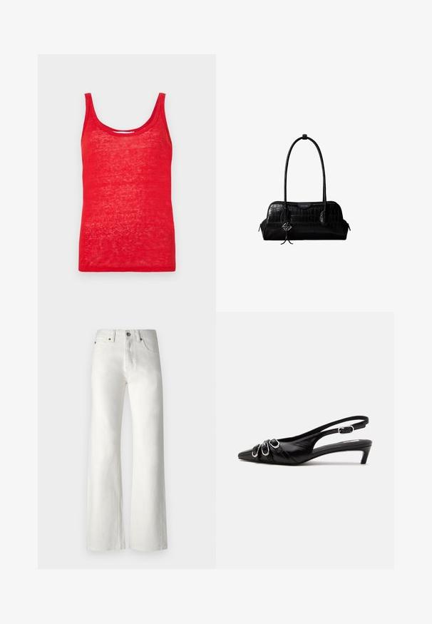 Débardeur sans manches rouge à encolure dégagée, fait d'un tissu léger et légèrement transparent, avec un ourlet droit et une texture lisse.; Jean blanc à jambes larges en denim. Comprend une taille haute, un design à cinq poches et des coutures discrètes le long des seams.; Chaussure slingback en cuir noir avec bout pointu, trois boucles argentées à l'avant et petit talon kitten sur fond blanc.; Sac à épaule en cuir noir à texture crocodile, avec de longues sangles et un petit charm logo argenté sur une sangle.