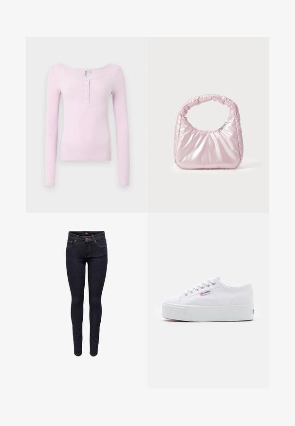 Top de manga larga acanalado de color rosa claro con escote redondo y cuatro pequeños botones a presión plateados en la tapeta delantera.; Vaqueros ajustados de mezclilla azul oscuro con botones frontales y bolsillos, costuras visibles y etiqueta de marca en la pretina.; Zapatilla de lona blanca con una gruesa suela de plataforma blanca, punta redonda y ojales de metal para los cordones. Logotipo de la marca mostrado en el lateral.; Bolso de mano acolchado en color rosa con un diseño redondeado, fabricado en material brillante. Presenta un asa fruncida y un cierre de cremallera para un acceso seguro.
