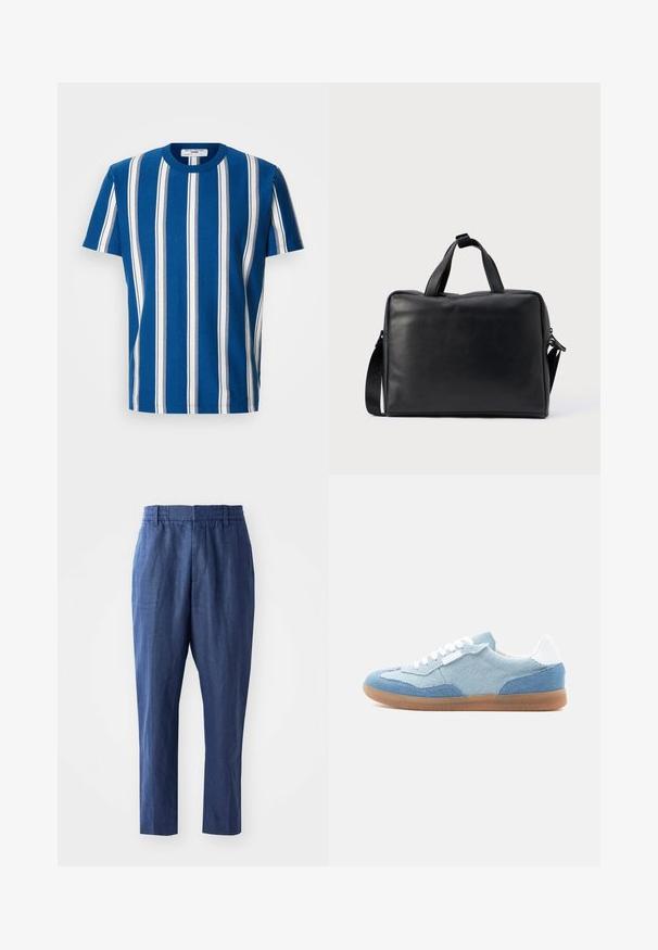 Camiseta azul con rayas verticales blancas y azul marino. Presenta un cuello redondo y mangas cortas. Está hecha de una tela suave y transpirable.; Pantalones de lino azul marino con un corte relajado, cinturilla elástica y piernas ajustadas. Presentan una textura suave y detalles de costura mínimos.; Zapatilla baja con paneles en azul claro y mezclilla, cordones blancos, lengüeta trasera blanca y suela de goma color caramelo, vista de perfil.; Bolsa de viaje de cuero negro con forma rectangular, doble asa, correa de hombro desmontable y adornos mínimos.