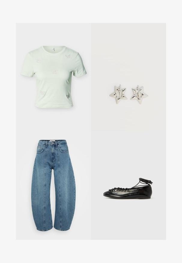 Lysegrøn kort T-shirt med korte ærmer, prydet med fem små rhinsten sommerfugle foran.; Lyseblå højaldene jeans lavet af denim, med bred benklip, fem lommer og syningsdetaljer. Glat tekstur med et rent finish.; Sorte balletflade sko i laklæder med rundet tå, snørelukning og flad sål. Glat tekstur med få detaljer.; Sølv stjerneformede øreringe med en glat, poleret finish på en ensfarvet hvid baggrund.