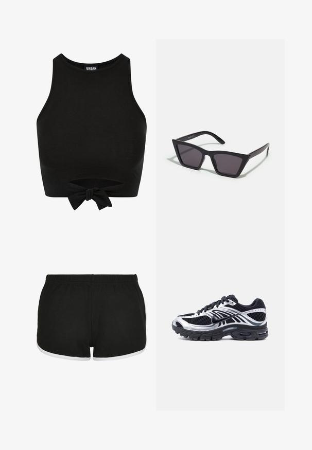 Zwarte cropped tanktop van rekbaar materiaal. Heeft een ronde halslijn en een geknoopte strikdetail aan de zoom. Gladde textuur.; Zwarte sportshorts van een textuurstof, met een witte biezing langs de beenopeningen en een elastische tailleband voor comfort.; Zwart-zilveren Nike hardloopschoen met een bovenwerk van mesh, een zool met luchtkussen en veters, zijaanzicht op een witte achtergrond.; Zwarte, hoekige zonnebril met grijze lenzen; gemaakt van plastic, met dikke armen met een gladde oppervlakte en zonder zichtbare hardware.