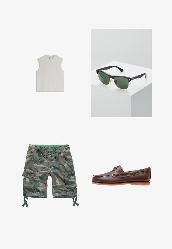 Débardeur sans manches gris clair en coton doux, doté d'un col rond, d'une coupe décontractée et d'un design minimaliste sans ornements.; Shorts cargo à motif camouflage, dotés de plusieurs poches, d'une taille élastique avec cordons de serrage et d'un matériau en coton.; Chaussure bateau en cuir marron avec coutures blanches, détails de lacets et semelle en caoutchouc beige, vue de côté sur fond blanc.; Lunettes de soleil Ray-Ban avec des verres verts, monture en plastique noir et accents dorés sur les bords. Forme carrée avec une finition mate.