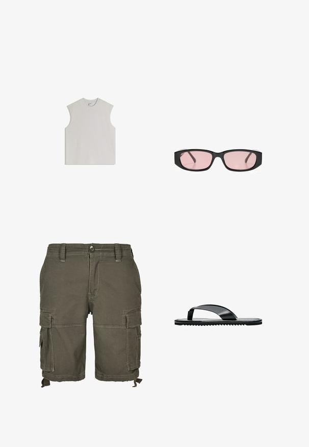 Ärmelloses hellgraues Tanktop aus weicher Baumwolle, mit rundem Ausschnitt, legerer Passform und minimalistischem Design ohne Verzierungen.; Olivgrüne Cargo-Shorts aus strapazierfähigem Stoff, mit mehreren Seitentaschen, Gürtelschlaufen und genähten Details für zusätzliche Textur.; Schwarze flache Flip-Flop Sandale mit breitem Zehenriemen und strukturierter Sohle, seitlich auf weißem Hintergrund dargestellt.; Schwarze rechteckige Sonnenbrille mit schmalen rosa getönten Gläsern, die auf einer weißen Fläche liegt.
