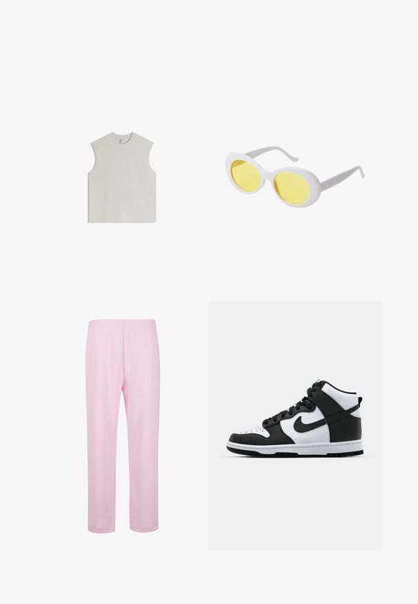 Débardeur sans manches gris clair en coton doux, doté d'un col rond, d'une coupe décontractée et d'un design minimaliste sans ornements.; Pantalons de survêtement rose clair en coton doux. Dotés d'une taille élastique et d'une coupe droite et décontractée. Pas de poches visibles ni de motifs.; Baskets montantes noir et blanc avec tige en cuir, boîte à orteils perforée, logo swoosh proéminent et semelle en caoutchouc texturée.; Lunettes de soleil ovales blanches avec des verres jaunes et des branches fines. Présente un cadre en plastique lisse et un grand design de verres ronds.