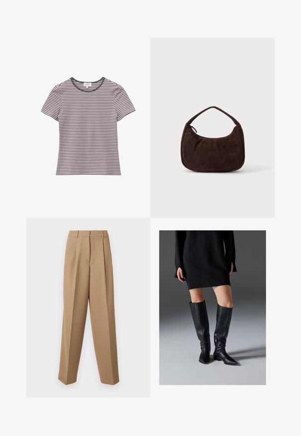 T-shirt à manches courtes, col rond, avec de fines rayures horizontales roses, grises et noires et un liseré de col gris foncé.; Pantalons beige ajustés avec une taille haute, une devant plissé et une coupe évasée. Le tissu semble lisse avec un léger éclat.; Bottes en cuir noir au-dessus du genou avec des pointes allongées, des semelles plates et des fermetures éclair sur le côté. Texture lisse, design épuré sans embellissements.; Sac à main en daim marron foncé avec une courte sangle et une forme rectangulaire arrondie sur un fond uni clair.
