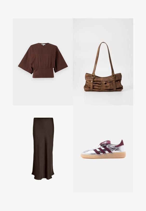 Braunes kurz geschnittenes Oberteil mit weiten Ellbogenlangen Ärmeln und geraffter Taille, vor einem einfachen hellen Hintergrund präsentiert.; VILA VIELLETTE HW MIDI SKIRT - NOOS - Maxirock - coffee bean; Metallic silberner Adidas Spezial Sneaker mit kastanienbraunen Streifen, Gummisohle und Klettverschlusslasche auf hellem, schlichten Hintergrund.; Even&Odd Handtasche - brown
