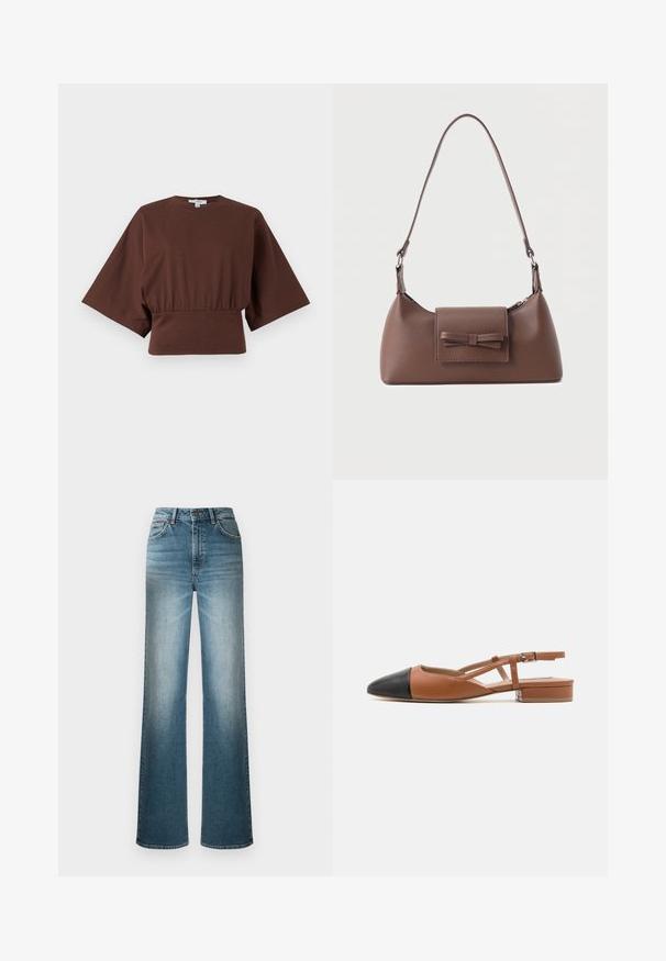 Bruin cropped top met brede ellebooglange mouwen en een gerimpelde taille, getoond tegen een effen lichte achtergrond.; Lichtblauwe wijde jeans van denim. Heeft een hoge taille, vijf-pocket ontwerp en een vervagingseffect van boven naar beneden.; Steve Madden BELINDA - Slingback ballerina´s - brown/black; Bruine leren schoudertas met een voorvak met klep en een gestikte strikdetail en een verstelbare band.