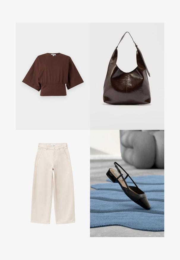 Brun cropped top med brede ærmer til albue og rynket talje, vist mod en ensfarvet lys baggrund.; Beige bukser med brede ben, forlommer, bæltestropper og knaplukning, vist fladt på en hvid baggrund.; Sort laklædersko med slingback og lav blokhæl, hvilende på et tekstureret blåt bølgemønster tæppe og gråt polstret møbel.; Mørkebrunt, skinnende læder skuldertaske med en enkelt bred rem og spændedetalje på den ene side, sat mod en ensartet lys baggrund.