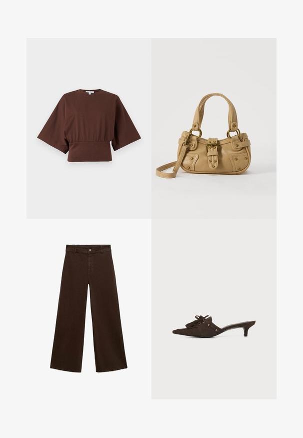 Brun cropped top med brede ærmer til albue og rynket talje, vist mod en ensfarvet lys baggrund.; Brune viddebukser i en bomuldsblanding, med en frynset kant, frontknaplukning og klassisk fem-lomme design. Minimalistiske og alsidige.; Mørkebrun ruskindspunktet mule med lav kittenhæl, dekorative kvaster og blonderdetalje på hvid baggrund.; Beige læderhåndtaske med dobbelte håndtag, messing spænde og nitte detaljer samt en justerbar skulderrem mod en hvid baggrund.