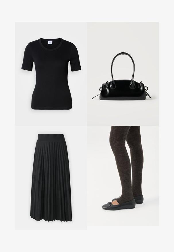 T-shirt noir à manches courtes en coton doux. Il présente un col rond et une coupe ajustée avec des détails de couture minimalistes.; Jupe plissée noire avec une large ceinture, présentant des plis verticaux uniformes. Texture lisse avec un design fluide.; Jambes portant des leggings côtelés foncés associés à des ballerines noires avec de petits détails en nœud sur fond blanc.; Petit sac à main noir brillant avec deux longues anses et des détails à cordon sur les côtés sur un fond clair uni.