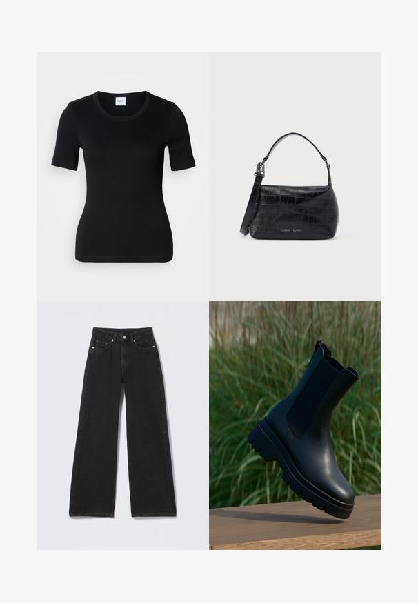 T-shirt noir à manches courtes en coton doux. Il présente un col rond et une coupe ajustée avec des détails de couture minimalistes.; Jean noir taille haute à jambes larges avec fermeture à boutons et fermeture éclair à l'avant, passants de ceinture et cinq poches avant sur fond clair.; Bottes chevilles en cuir noir au design épuré, bout arrondi, panneaux latéraux élastiques et semelles en caoutchouc épaisses et texturées.; Sac à bandoulière en cuir noir embossé crocodile avec poignée supérieure et logo imprimé sur le devant.