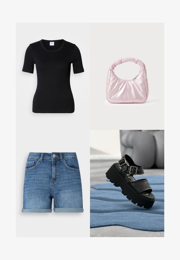 T-shirt noir à manches courtes en coton doux. Il présente un col rond et une coupe ajustée avec des détails de couture minimalistes.; Short en jean bleu avec ourlets roulés, fermeture devant par bouton et fermeture éclair, passants de ceinture, poches avant et poche monnaie.; Sandale plateforme noire épaisse avec deux boucles argentées sur un tapis bleu texturé, sculpture grise floue en arrière-plan.; Sac à main rose rembourré avec un design arrondi, fabriqué à partir d'un matériau brillant. Dispose d'une poignée froncée et d'une fermeture éclair pour un accès sécurisé.