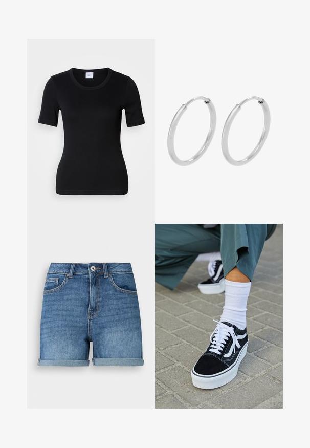 Zwart T-shirt met korte mouwen gemaakt van zacht katoen. Heeft een ronde halslijn en een slanke pasvorm met minimale stiksel details.; Blauwe denimshorts met omgeslagen zomen, vooraan knoop- en ritssluiting, taillebandlussen en voor- en muntzakken.; Zwarte suède sneaker met witte accenten en veters, uitgerust met een dikke witte zool en contrasterende stiksels, gecombineerd met een witte sok.; Zilveren hoepeloorbellen, cirkelvormig, met een gladde glanzende textuur en een constante breedte. Minimalistisch ontwerp zonder extra accenten.