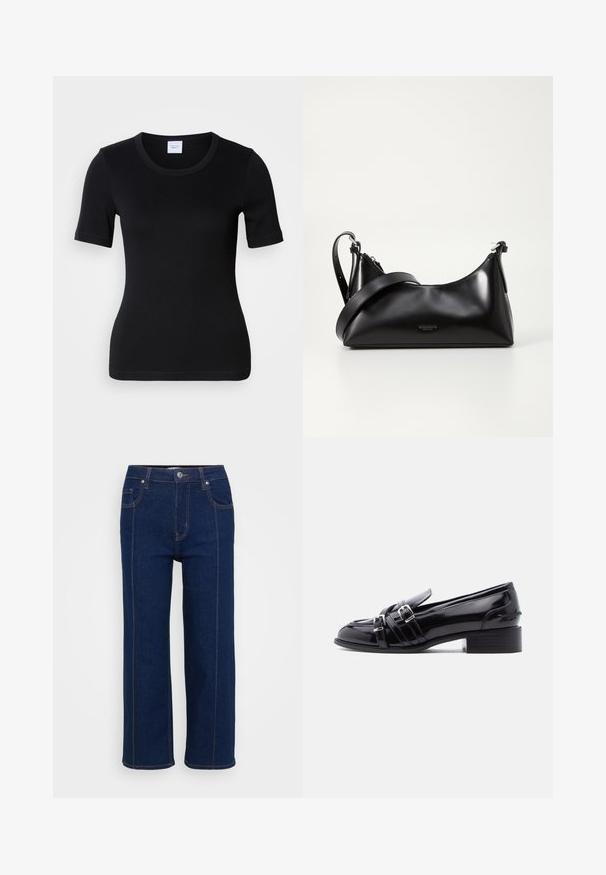 Zwart T-shirt met korte mouwen gemaakt van zacht katoen. Heeft een ronde halslijn en een slanke pasvorm met minimale stiksel details.; Donkerblauwe rechte jeans met knoopsluiting, voor- en achterzakken, en zichtbare oranje stiksels langs de naden.; Zwarte lakleren loafer met twee zilveren gespen, lage blokhak en ronde neus, gezien vanaf de rechterkant op een witte achtergrond.; Zwarte leren handtas met een gladde textuur. Beschikt over een verstelbare schouderband en een strak, minimalistisch ontwerp met een ritssluiting.