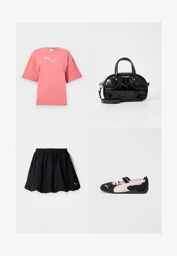 T-shirt rose à manches courtes avec un col rond et un logo Puma blanc à pois centré sur la poitrine.; Jupe de sport noire avec une taille élastique, ornée de panneaux blancs sur les côtés et d'un petit logo au bas. Fabriquée en tissu léger.; Ballerines en suède noir et rose clair avec des sangles élastiques, un bout arrondi et une semelle en caoutchouc texturée, arborant un petit logo à l'avant.; Sac à main en cuir verni noir avec des poignées supérieures doubles, une bandoulière amovible, une forme arrondie et un logo "PUMA" en relief bien visible.
