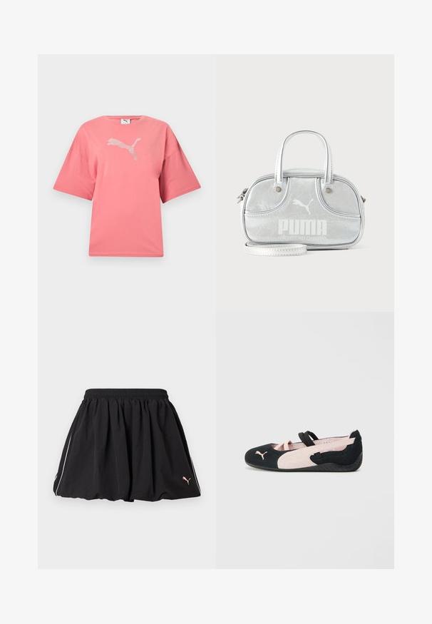 T-shirt rose à manches courtes avec un col rond et un logo Puma blanc à pois centré sur la poitrine.; Jupe courte sportive noire avec taille élastique, liseré blanc sur le côté et petit logo Puma sur le côté inférieur droit.; Ballerines en suède noir et rose clair avec des sangles élastiques, un bout arrondi et une semelle en caoutchouc texturée, arborant un petit logo à l'avant.; Petit sac à main Puma argent métallisé avec deux poignées supérieures, une longue bandoulière, logo sur le devant et fermeture zippée sur fond uni clair.