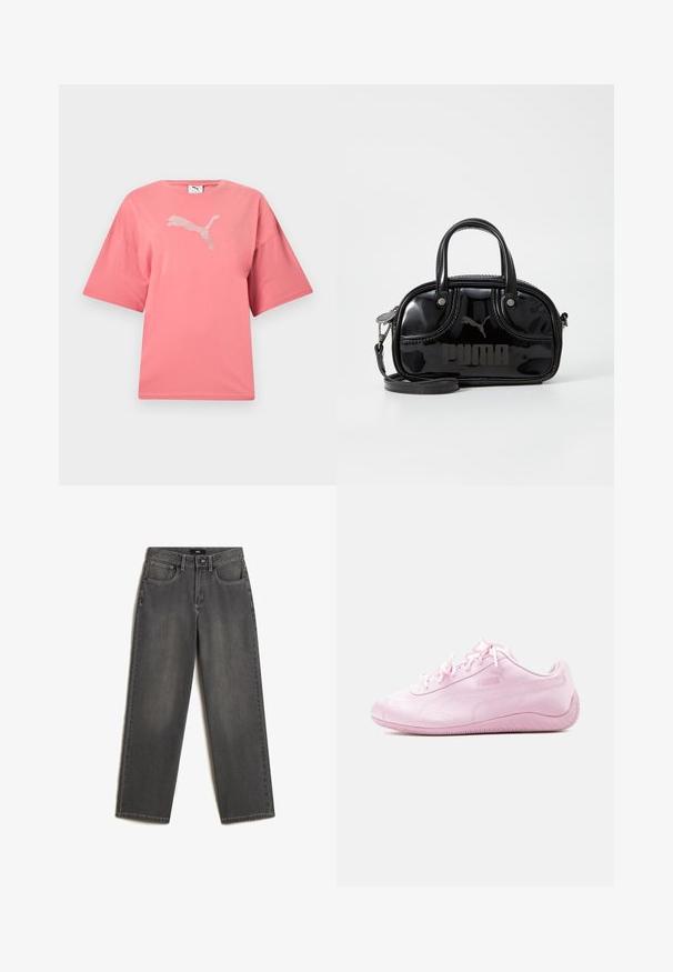 Roze T-shirt met korte mouwen, een ronde halslijn en een wit gestippeld Puma-logo in het midden van de borst.; Grijze wijde jeans van denim. Heeft vijf zakken, een sluiting met een knoop en ritssluiting aan de voorkant, en subtiele vervaging op de stof.; Lage, lichtroze Puma-sneaker met vetersluiting en gestructureerde zool, gezien vanuit een zijaanzicht tegen een effen achtergrond.; Zwarte lakleren handtas met dubbele handvatten aan de bovenkant, afneembare schouderriem, ronde vorm en opvallend gegraveerd "PUMA" logo.