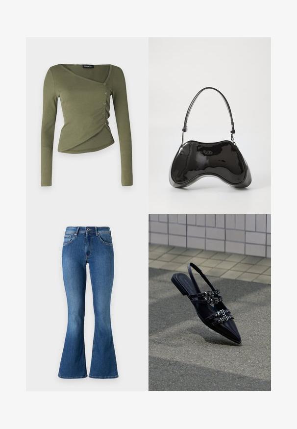 Top de manga larga en color verde oliva, confeccionado en tela acanalada. Presenta un diseño drapeado con escote en V y botones en los laterales a lo largo del dobladillo superpuesto.; Jeans de denim azul acampanados con una cintura de altura media, que cuentan con cinco bolsillos, un cierre de botón y un ligero desgastado a lo largo de las piernas.; Sandalia plana negra de punta afilada con varias correas con hebillas y talón descubierto, situada sobre una superficie pavimentada y con un fondo de muro de azulejos.; Bolso de mano de piel sintética negra con un diseño curvado único, asas cortas y ajustables, y abertura con cremallera en la parte superior. Textura suave con una sutil marca.