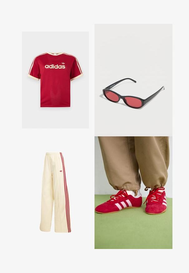 Rood Adidas mesh t-shirt met beige bies aan de kraag, mouwen en de drie strepen op de schouders, met Adidas-logo en tekst op de voorkant.; Crèmekleurige wijde trainingsbroek met rode zijstrepen, elastische tailleband, ritssluitingzak en rood Adidas-logo op de dij.; Rode suède sportschoenen met witte strepen, vlakke rubberen zool en rode veters. Draag met beige broeken, gepositioneerd op een groene ondergrond.; Zwarte ovale zonnebril met slanke pootjes en rood getinte glazen, rustend op een witte ondergrond.