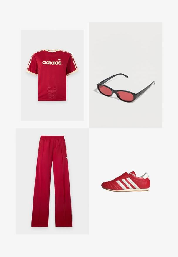 Rotes Adidas Mesh-T-Shirt mit beigem Besatz am Kragen, an den Ärmeln und den drei Streifen auf den Schultern, mit Adidas-Logo und Schriftzug auf der Vorderseite.; Rote weite Jogginghosen mit elastischem Bund, seitlichen Reißverschlusstaschen, weißen Streifen an den Seiten und kleinem weißem Logo am linken Oberschenkel.; Rote Ledersportschuh mit runder Spitze, strukturiertem Obermaterial, weißen Seitenstreifen und Klettverschluss. Flache Gummisohle für besseren Halt.; Schwarze ovale Sonnenbrille mit schlanken Bügeln und rot getönten Gläsern, die auf einer weißen Oberfläche liegt.