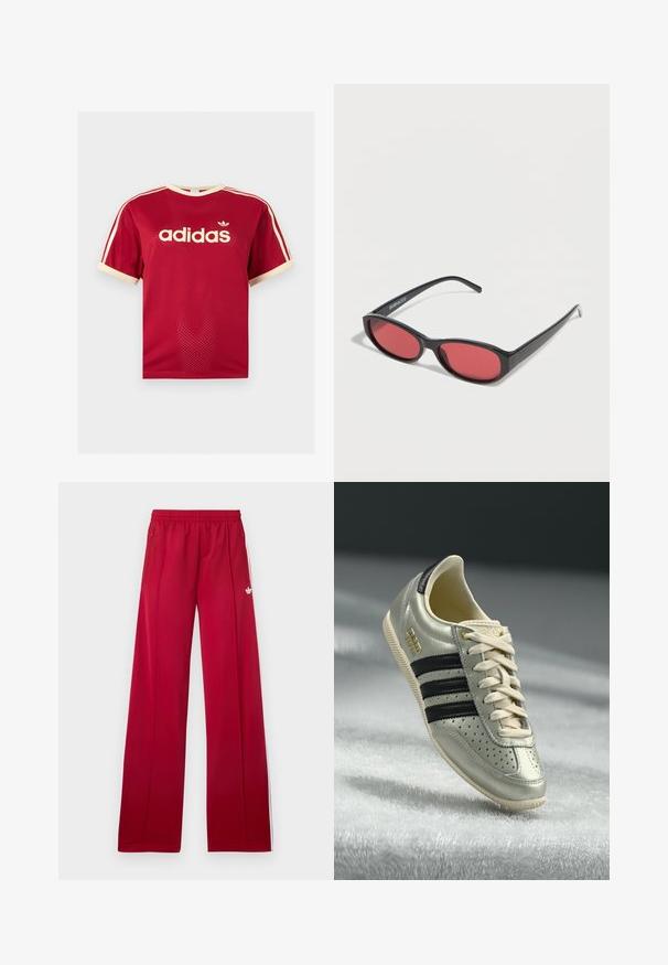Camiseta de malla roja Adidas con ribetes beige en el cuello, las mangas y las tres rayas en los hombros, con el logo de Adidas y texto en el frente.; Pantalones deportivos rojos de pierna ancha con cinturilla elástica, bolsillos laterales con cremallera, rayas blancas a los lados y pequeño logo blanco en el muslo izquierdo.; Zapatilla de cuero gris claro con franjas negras, detalles perforados, cordones beige y un parche de logo dorado. Suela de goma texturizada.; Gafas de sol ovaladas negras con varillas delgadas y lentes tintados de rojo descansando sobre una superficie blanca.