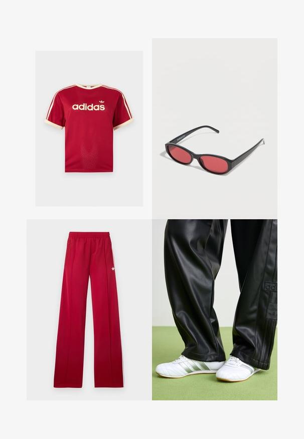 Κόκκινο διαπνέον μπλουζάκι Adidas με μπεζ φινίρισμα σε γιακά, μανίκια και τρεις ρίγες στους ώμους, με το λογότυπο της Adidas και κείμενο στο μπροστινό μέρος.; Κόκκινο παντελόνι φόρμας με φαρδιά γραμμή, ελαστική μέση, πλαϊνές τσέπες με φερμουάρ, λευκές ρίγες στα πλαϊνά και μικρό λευκό λογότυπο στο αριστερό μπούτι.; Μαύρο παντελόνι από συνθετικό δέρμα με χαλαρή εφαρμογή, με λειαλή υφή και ρίγες στο πλάι. Συνδυάζεται με λευκά sneakers με ασημί λεπτομέρειες.; Μαύρα οβάλ γυαλιά ηλίου με λεπτούς βραχίονες και κόκκινα φακούς, τοποθετημένα πάνω σε λευκή επιφάνεια.