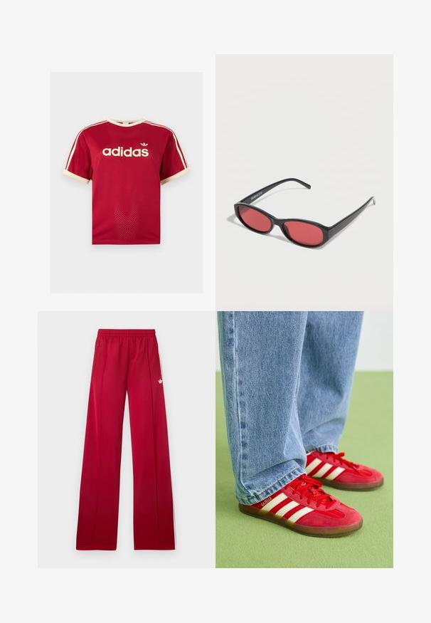 Κόκκινο διαπνέον μπλουζάκι Adidas με μπεζ φινίρισμα σε γιακά, μανίκια και τρεις ρίγες στους ώμους, με το λογότυπο της Adidas και κείμενο στο μπροστινό μέρος.; Κόκκινο παντελόνι φόρμας με φαρδιά γραμμή, ελαστική μέση, πλαϊνές τσέπες με φερμουάρ, λευκές ρίγες στα πλαϊνά και μικρό λευκό λογότυπο στο αριστερό μπούτι.; Κόκκινες σουέντ αθλητικές παπούτσια με τρεις λευκές ρίγες, στρογγυλή μύτη και υφασμάτινη σόλα, συνδυασμένες με ανοιχτό μπλε τζιν σε πράσινο φόντο.; Μαύρα οβάλ γυαλιά ηλίου με λεπτούς βραχίονες και κόκκινα φακούς, τοποθετημένα πάνω σε λευκή επιφάνεια.