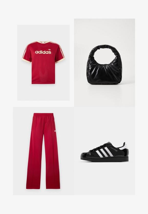 Κόκκινο διαπνέον μπλουζάκι Adidas με μπεζ φινίρισμα σε γιακά, μανίκια και τρεις ρίγες στους ώμους, με το λογότυπο της Adidas και κείμενο στο μπροστινό μέρος.; Κόκκινο παντελόνι φόρμας με φαρδιά γραμμή, ελαστική μέση, πλαϊνές τσέπες με φερμουάρ, λευκές ρίγες στα πλαϊνά και μικρό λευκό λογότυπο στο αριστερό μπούτι.; adidas Originals SUPERSTAR II - Αθλητικά παπούτσια - core black/footwear white/gold metallic; Μαύρη μαλακή τσάντα με στρογγυλή λαβή, με γυαλιστερή επιφάνεια και μαλακή, γεμάτη υφή. Χωρίς ορατά μεταλλικά στοιχεία ή διακοσμητικά.