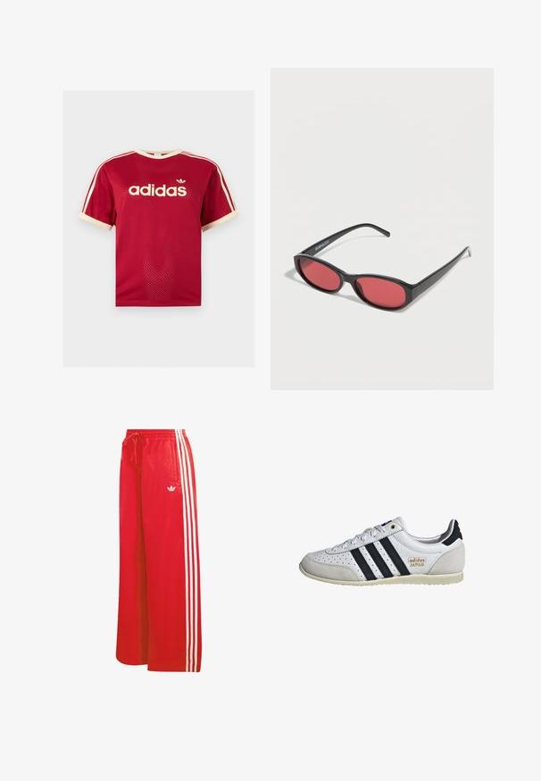 Červené sieťované tričko Adidas s béžovým lemovaním na golieri, rukávoch a troch pruhmi na pleciach, s logom Adidas a textom na prednej strane.; Červené športové nohavice z ľahkého materiálu s širokým strihom na nohách, elastickým pásom, sťahovacou šnúrkou a tromi bielymi pruhmi na každej strane.; Biele tenisky s čiernymi pruhmi a zlatým brandingom. Obsahujú semišové a kožené materiály, perforovaný zvršok a textúrovanú gumovú podrážku.; Čierne oválne slnečné okuliare s tenkými ramenami a červenými tónovanými šošovkami ležia na bielom povrchu.