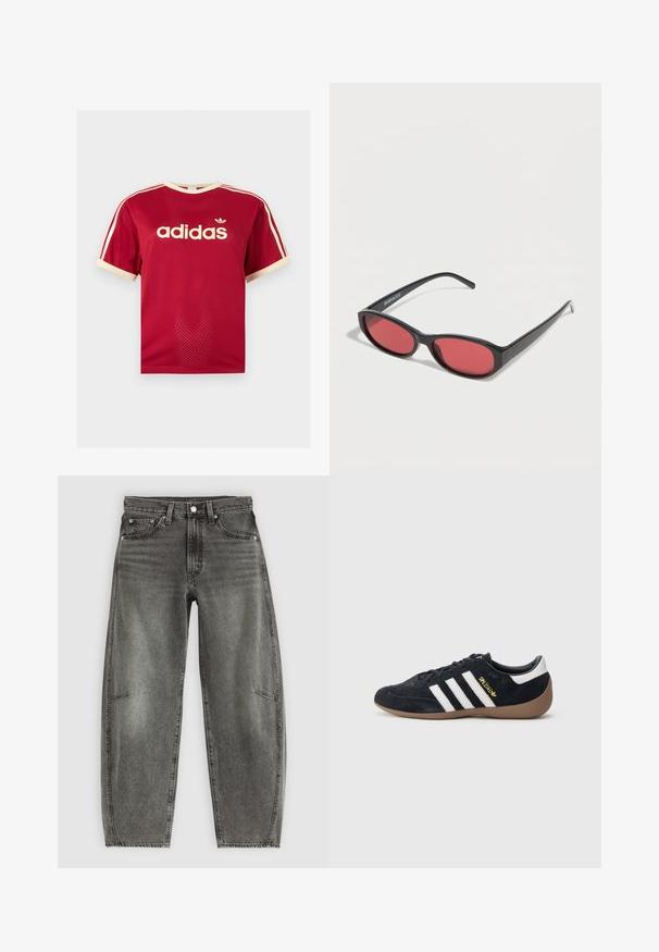 Rotes Adidas Mesh-T-Shirt mit beigem Besatz am Kragen, an den Ärmeln und den drei Streifen auf den Schultern, mit Adidas-Logo und Schriftzug auf der Vorderseite.; Hochtaillierte, grau gewaschene Jeans aus Denim mit fünf Taschen, Knopfverschluss und einer lässigen, geraden Passform.; Schwarzer Veloursleder-Sneaker mit drei weißen Streifen, Gummisohle und einem kleinen goldenen Logo an der Seite. Verfügt über ein glattes schwarzes Innenfutter.; Schwarze ovale Sonnenbrille mit schlanken Bügeln und rot getönten Gläsern, die auf einer weißen Oberfläche liegt.