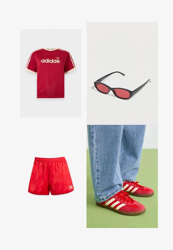 Rød Adidas mesh t-shirt med beige kant på krave, ærmer og de tre striber på skuldrene, med Adidas-logo og tekst på fronten.; Røde sportsbukser med elastisk talje, hvid kant ved sømmen og en subtil glans. Har Adidas-logoet i hvid på den nederste venstre side.; Røde ruskinds sneakers med tre hvide striber, rund tå og tekstureret sål, parret med lyseblå denim jeans på en grøn baggrund.; Sorte ovale solbriller med tynde arme og rødtonede linser, der ligger på en hvid overflade.
