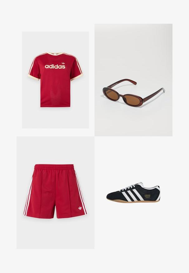 Κόκκινο διαπνέον μπλουζάκι Adidas με μπεζ φινίρισμα σε γιακά, μανίκια και τρεις ρίγες στους ώμους, με το λογότυπο της Adidas και κείμενο στο μπροστινό μέρος.; Κόκκινο αθλητικό σορτς με ελαστική μέση, λευκές πλαϊνές ρίγες, τσέπες με φερμουάρ και μικρό λευκό λογότυπο Adidas στο μπροστινό αριστερό πόδι.; Μαύρο σουέτ αθλητικό παπούτσι με λευκές τρεις λωρίδες, χρυσό λογότυπο και καφέ καουτσούκ σόλα. Διαθέτει χαμηλού προφίλ σχέδιο με κορδόνια.; Στρογγυλά, καφέ-χρωματιστά γυαλιά ηλίου με γυαλιστερή μπορντώ σκελετό. Λεπτά πόδια με διακριτική λεπτομέρεια λογότυπου. Σχεδίαση επίπεδου φακού.