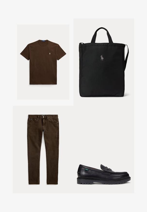 Brun bomuld t-shirt med korte ærmer, rund hals og en hvid broderet polo-logo på venstre bryst. Glat tekstur, almindelig pasform.; Slim-fit mørkebrune jeans med fem lommer, knap- og lynlåslukning samt synlige Polo-mærkater på linningen og forlommerne.; Sort læderloafer med tyk, mønstret sål og lille grøn "Polo"-mærke på ydersiden nær hælen.; Sort rektangulær tote taske med korte håndtag, en lang rem på siden og et lille broderet polospillerlogo på midten foran.