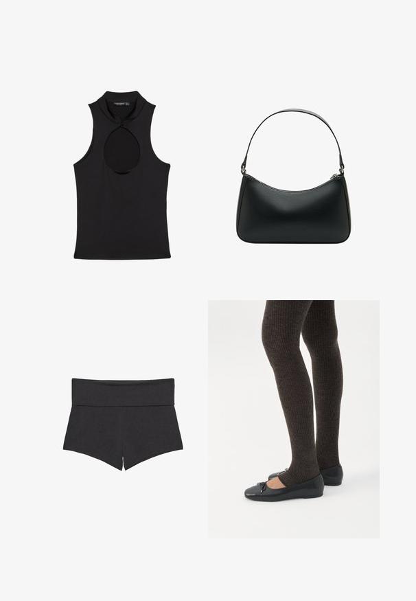 Top noir sans manches avec col montant et découpe en forme de goutte d'eau fermée par un petit nœud au niveau de l'encolure.; Shorts noirs taille haute et ajustés avec une large ceinture et une petite fente à l'avant de chaque jambe, présentés sur un fond blanc.; Jambes portant des leggings côtelés foncés associés à des ballerines noires avec de petits détails en nœud sur fond blanc.; Sac à bandoulière en cuir noir avec une forme arrondie, une seule sangle plate et une fermeture éclair supérieure. Texture lisse avec des détails matériels minimalistes.
