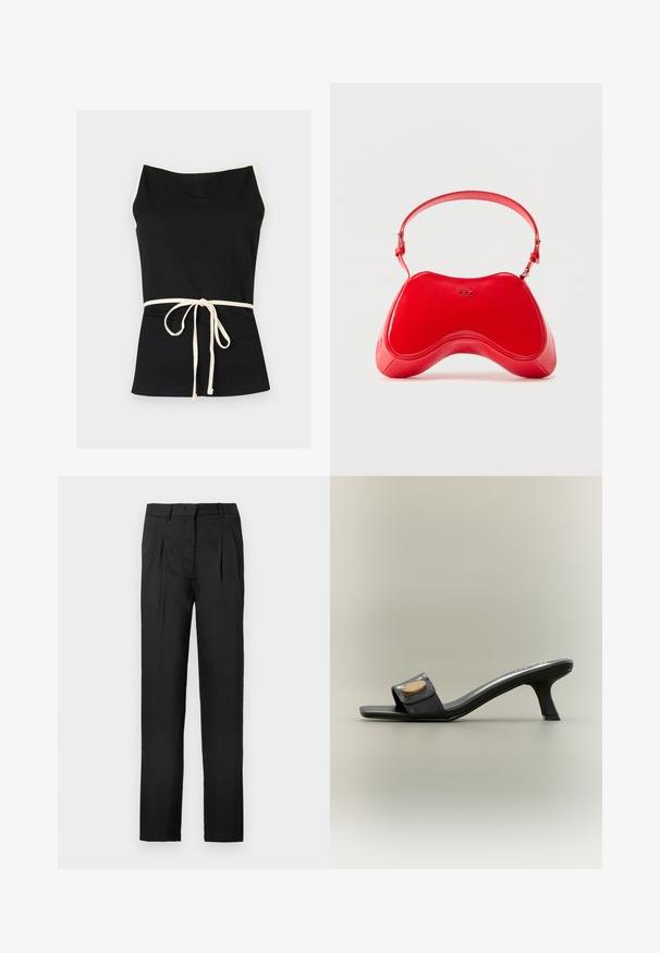 Haut noir sans manches avec bordure blanche sur les bretelles et ceinture nouée à l'avant, sur fond blanc.; Pantalon noir avec une silhouette à jambes droites, devant plissé et une texture de tissu lisse. Aucune quincaillerie ou accent visible.; Mule sandale noire à bout ouvert avec talon incurvé de hauteur moyenne et ornement ovale doré sur la large bride avant, posée sur un fond neutre.; Sac en cuir verni rouge avec une forme incurvée et ergonomique, doté d'une fine sangle réglable et d'un discret logo sur le devant.