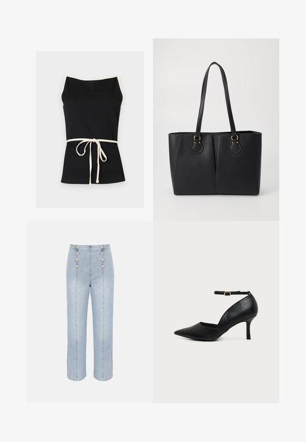 Haut noir sans manches avec bordure blanche sur les bretelles et ceinture nouée à l'avant, sur fond blanc.; Jean bleu clair taille haute à jambes larges avec deux rangées verticales de six boutons nacrés sur le devant.; Chaussure en cuir noir à bout pointu avec talon kitten, bride à la cheville et boucle dorée sur fond neutre.; Sac fourre-tout noir en simili cuir avec une finition texturée, deux longues poignées et des accents en métal doré sur le côté. Shape rectangulaire.