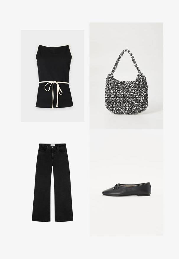 Zwart mouwloos topje met witte bies op de bandjes en een taillekoord dat vooraan geknoopt is, afgebeeld tegen een witte achtergrond.; Zwarte high-waisted wide-leg jeans met voor- en muntzakken, knoopsluiting en riemlussen.; Zwarte leren balletschoenen met een ronde neus en een decoratieve strikdetail. Het ontwerp heeft een gladde textuur en een lage, platte hak.; Geweven handtas in zwart en wit met een ronde vorm, gestructureerd oppervlak en een gevlochten handvat. Geschikt voor dagelijks gebruik.