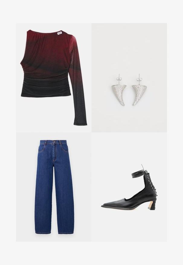 Top de manga larga rojo y negro con silueta ajustada, detalles fruncidos y escote redondo. Tela suave con efecto degradado.; Vaqueros de mezclilla azul de pierna ancha con cintura alta, que cuentan con bolsillos delanteros y costuras naranjas. La tela tiene una textura suave y un acabado clásico.; Zapato bajo de cuero negro con punta puntiaguda, detalle trasero de cordones y correa que se envuelve alrededor del tobillo sobre un fondo blanco liso.; Pendientes en forma de cuerno plateado, engastados con pequeñas piedras transparentes, que cuentan con un cierre trasero para su sujeción. Textura suave y acabado metálico.