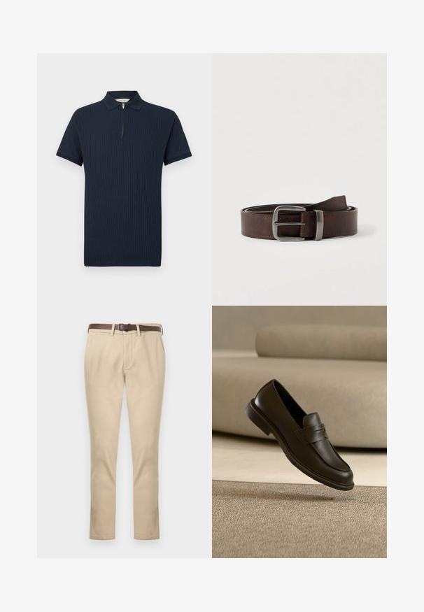 Polo manches courtes côtelé bleu marine avec col zippé et bords de col et de manches en maille texturée.; Pantalon beige droit avec poches latérales, passants pour ceinture, braguette zippée et ceinture en cuir marron foncé sur fond blanc uni.; Un seul mocassin en cuir brun foncé flottant au-dessus d’un tapis texturé beige, avec un canapé beige flou en arrière-plan.; Ceinture en cuir marron foncé avec une boucle rectangulaire en argent, enroulée et placée sur un fond clair et neutre.