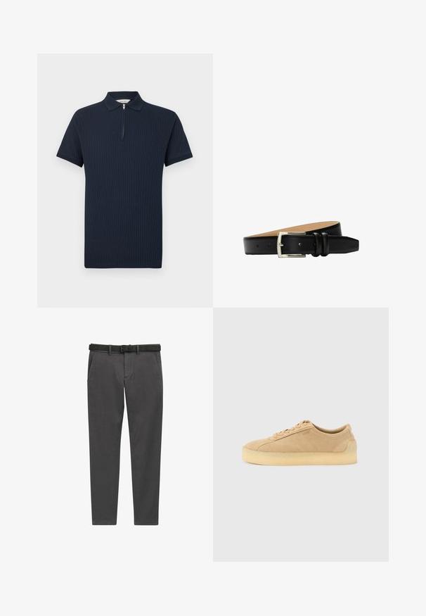 Polo manches courtes côtelé bleu marine avec col zippé et bords de col et de manches en maille texturée.; Pantalon gris en tissu tissé, avec une coupe droite, des poches latérales et une ceinture en cuir noir avec une boucle en métal argenté.; Baskets basses en daim beige avec semelle épaisse en gomme, fermeture à lacets à l'avant, et logo discret sur le côté, sur un fond uni gris clair.; Ceinture en cuir noir avec boucle rectangulaire argentée et deux passants, présentée enroulée sur un fond blanc.