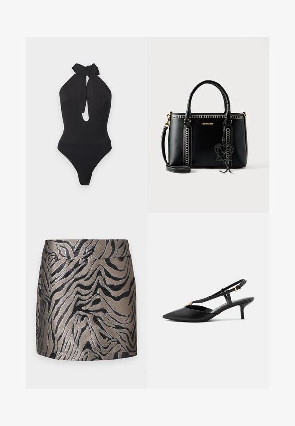 Sort halter-neck bodysuit med høj hals og nøglehulskæring foran, tætsiddende silhuet, sømløse kanter.; Metallic sølv- og sort zebra-mønstret miniskørt med en glat overflade og en tætsiddende design. Bred talje linning øverst.; Sort læder slingback kitten heel med spids tå, slank T-rem, justerbar spænde og lille guldfinish på remmen.; Sort læderhåndtaske med kontrasterende hvide syninger, dobbelte håndtag, aftagelig skulderrem og en hængende logo-tag med "M".
