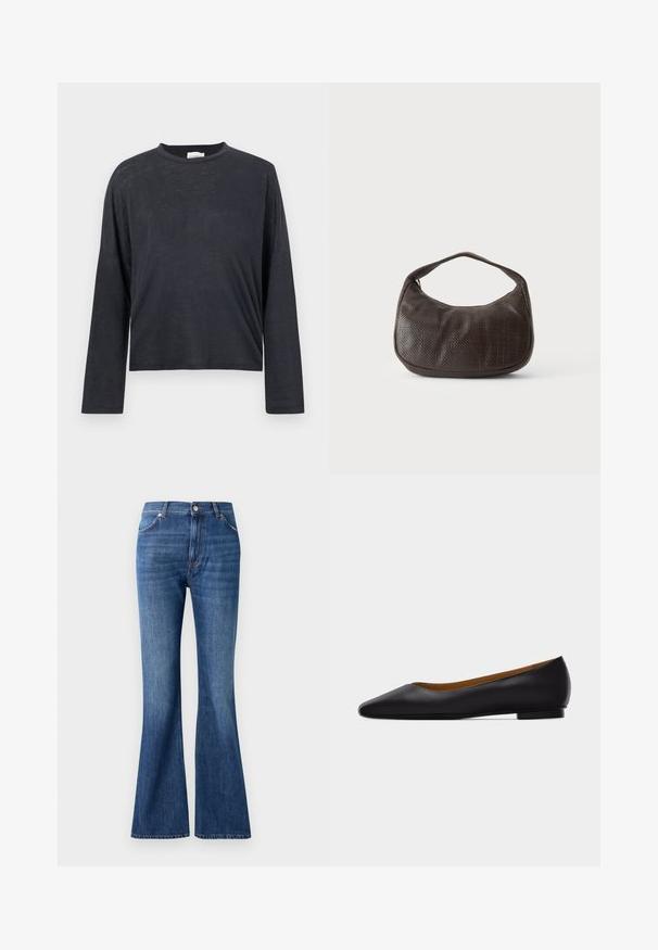 T-shirt cropped à manches longues de couleur gris foncé, fabriqué dans un tissu léger et légèrement texturé. Présente un col rond et une coupe ample.; Jeans évasés bleus en denim, dotés d'une taille haute, de cinq poches et d'un léger effet d'usure près des coutures.; Chaussure plate en cuir noir à bout pointu avec talon bas et finition lisse, vue de côté sur un fond gris clair.; Petit sac à main marron foncé texturé avec une courte bandoulière et un fond arrondi sur un fond clair uni.