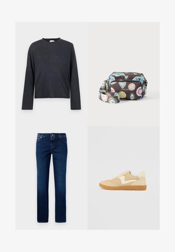 Donkergrijze, lange mouwen, cropped t-shirt gemaakt van een lichtgewicht, licht textuurstof. Beschikt over een ronde halslijn en een losse pasvorm.; Donkerblauwe denim jeans met een rechte pijpontwerp, voorzien van een klassieke tailleband, vijf zakken en subtiele stiksels op de naden.; Beige sneaker van suede en mesh materialen, ronde vorm, opvallende gepolsterde kraag en een gumrubberen zool. Kenmerkt zich door een golvend ontwerp accent.; Crossbodytas met kleurrijke ovale patronen op een donkere achtergrond, voorvak met ritssluiting en verstelbare band, gebrandmerkt met "STINE GOYA" in gouden letters.