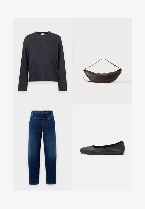 Donkergrijze, lange mouwen, cropped t-shirt gemaakt van een lichtgewicht, licht textuurstof. Beschikt over een ronde halslijn en een losse pasvorm.; Donkerblauwe denim jeans met een rechte pijp, vijf zakken, sluiting met bovenste knoop en oranje stiksels.; Zwarte leren ballerina met een ronde neus, gladde textuur, minimale stikdetails en een flexibele zoolontwerp.; Donkerbruine leren schoudertas in halve maan vorm met een gebogen band en zichtbare stiksels op een effen achtergrond.